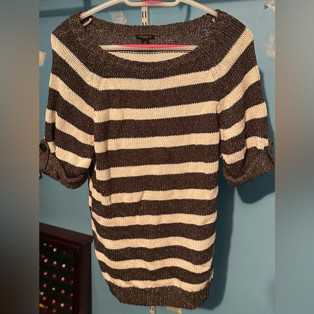 Ann Taylor Brown and Cream Striped Sparkle Sweater